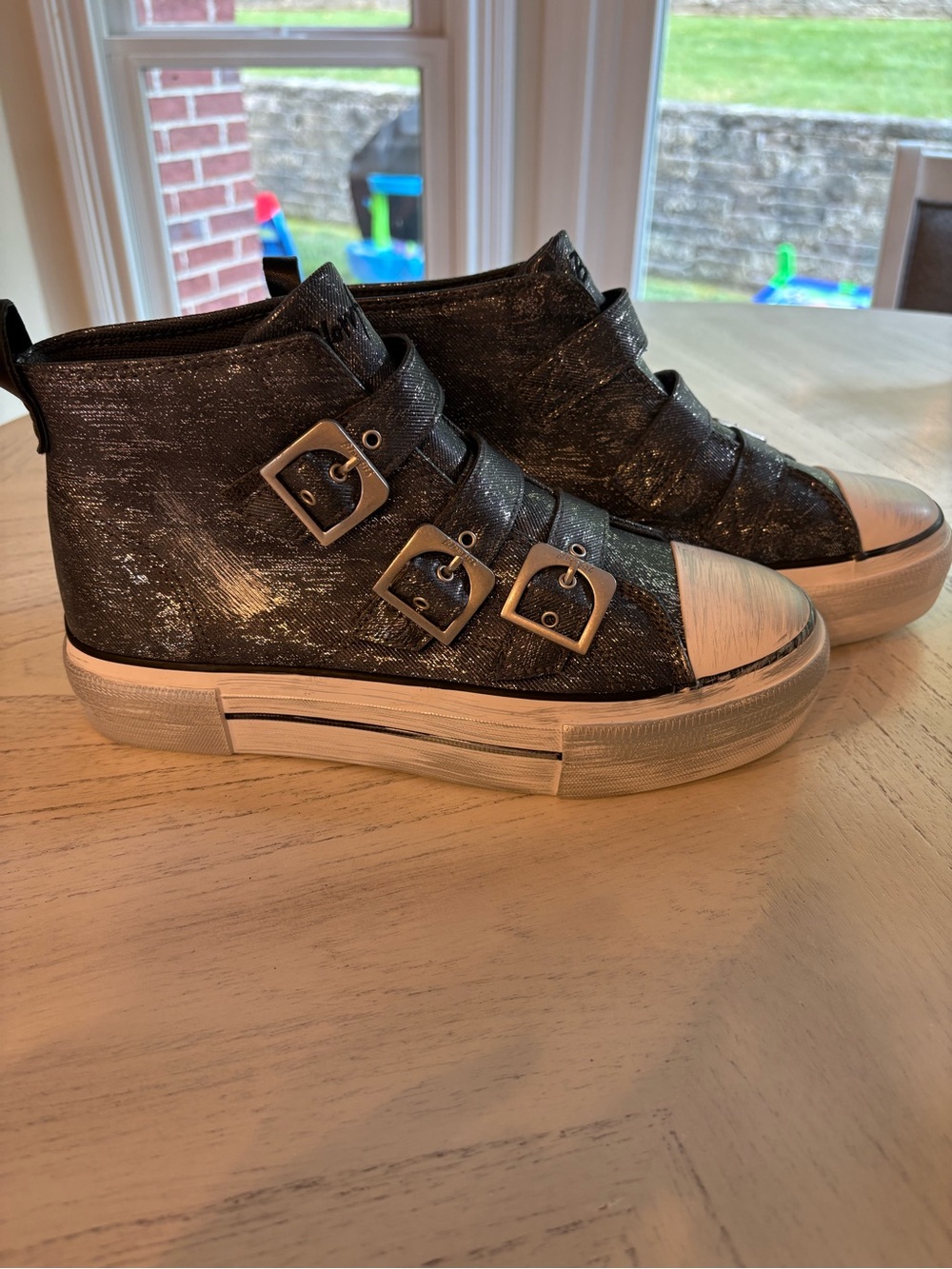 Blowfish Metallic Black High-Top Buckle Sneakers with White Toe - Picture 1 of 10